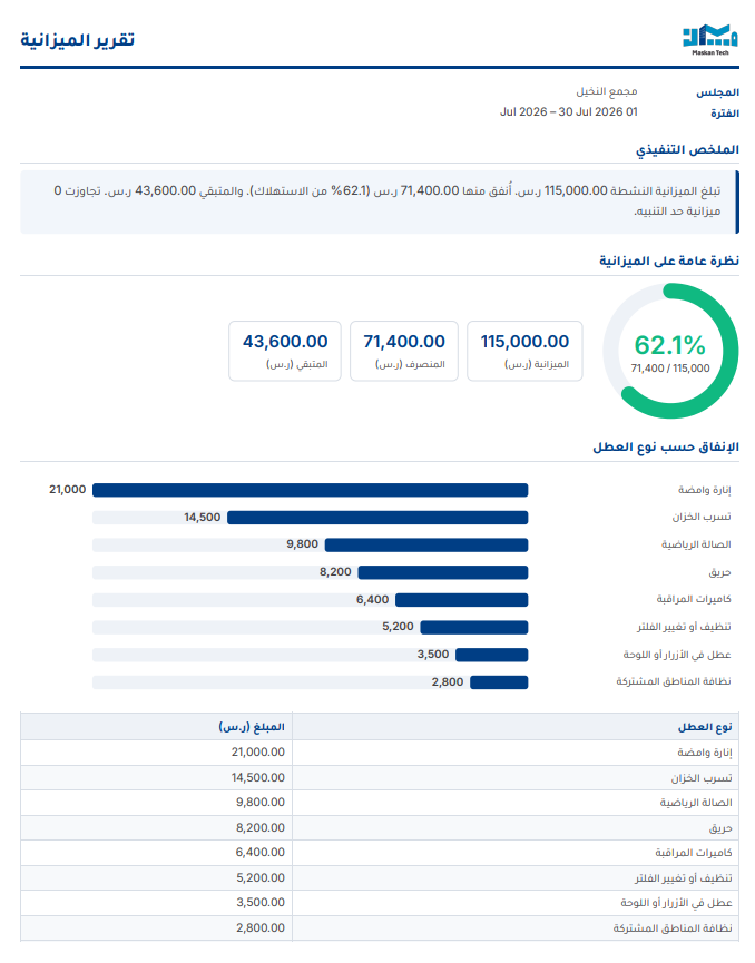 صفحة من تقرير الميزانية PDF: الملخص التنفيذي ونسبة الاستهلاك والإنفاق حسب نوع العطل